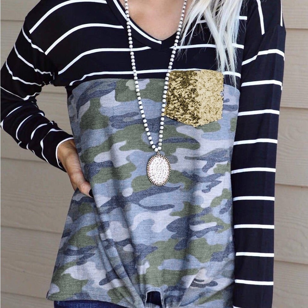 HEIMISH USA Black Striped Camo Top with Gold Pocket